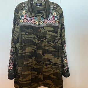 Johnny Was Camo jacket with floral embroidery